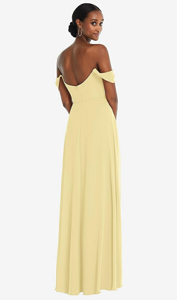 Back View - Pale Yellow Off-the-Shoulder Basque Neck Maxi Dress with Flounce Sleeves