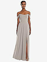 Front View Thumbnail - Taupe Off-the-Shoulder Basque Neck Maxi Dress with Flounce Sleeves