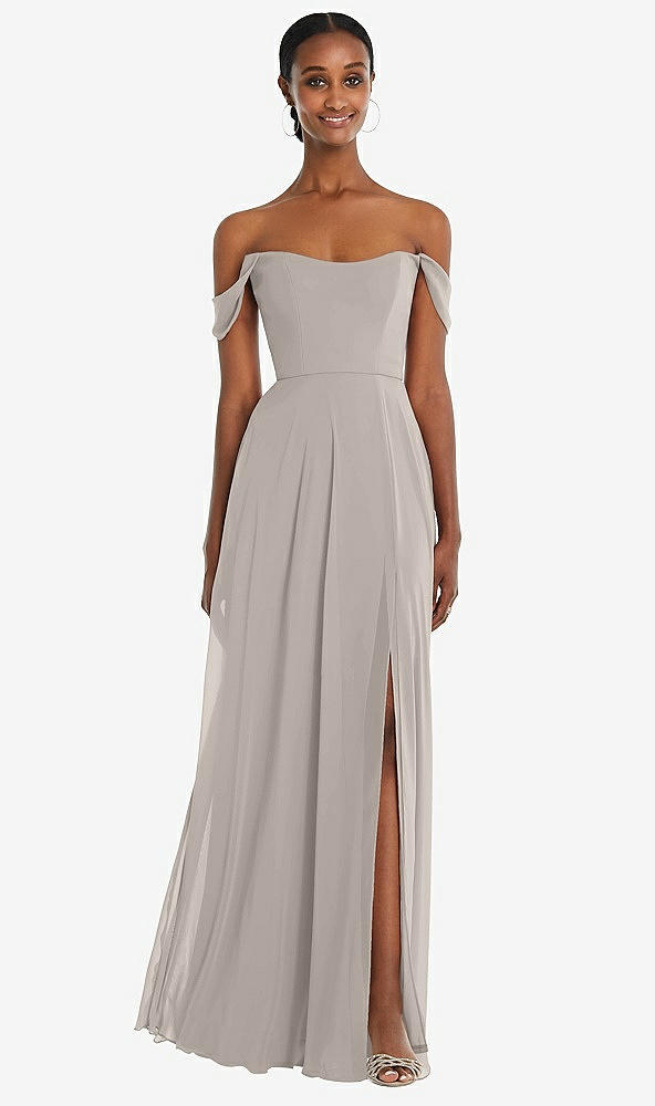 Front View - Taupe Off-the-Shoulder Basque Neck Maxi Dress with Flounce Sleeves