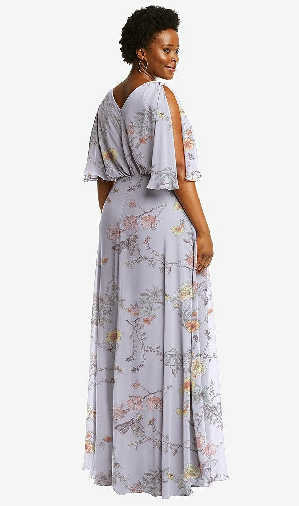 Back View - Butterfly Botanica Silver Dove V-Neck Split Sleeve Blouson Bodice Maxi Dress