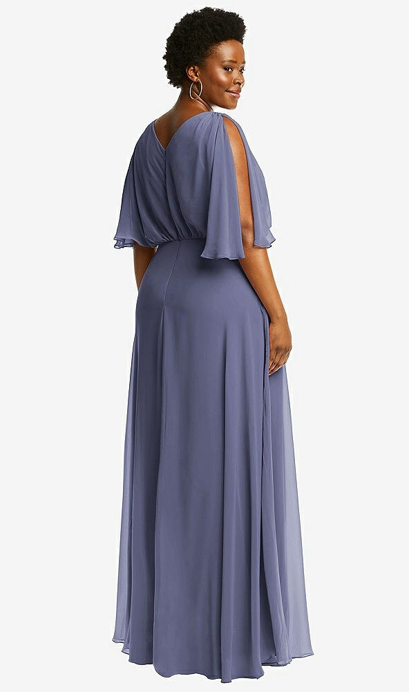 Back View - French Blue V-Neck Split Sleeve Blouson Bodice Maxi Dress