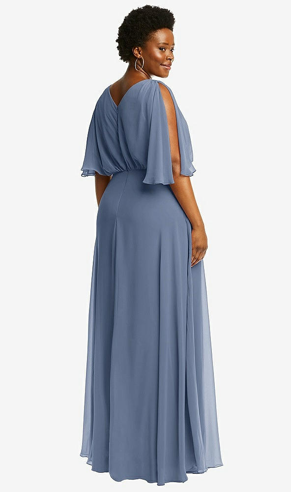 Back View - Larkspur Blue V-Neck Split Sleeve Blouson Bodice Maxi Dress
