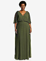 Front View Thumbnail - Olive Green V-Neck Split Sleeve Blouson Bodice Maxi Dress