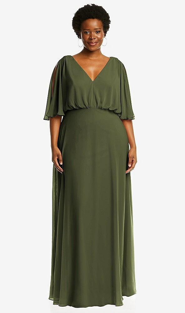 Front View - Olive Green V-Neck Split Sleeve Blouson Bodice Maxi Dress