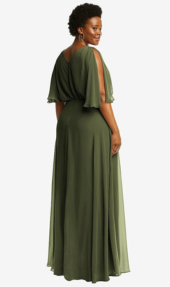 Back View - Olive Green V-Neck Split Sleeve Blouson Bodice Maxi Dress