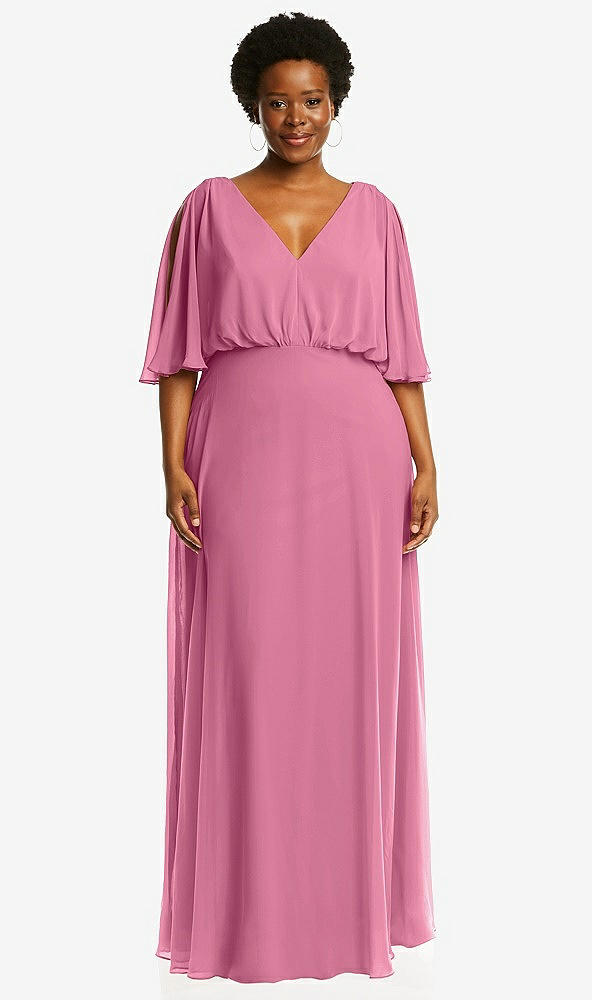 Front View - Orchid Pink V-Neck Split Sleeve Blouson Bodice Maxi Dress