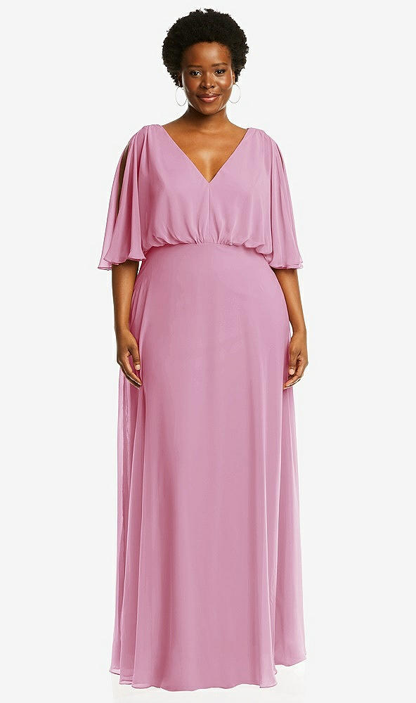 Front View - Powder Pink V-Neck Split Sleeve Blouson Bodice Maxi Dress