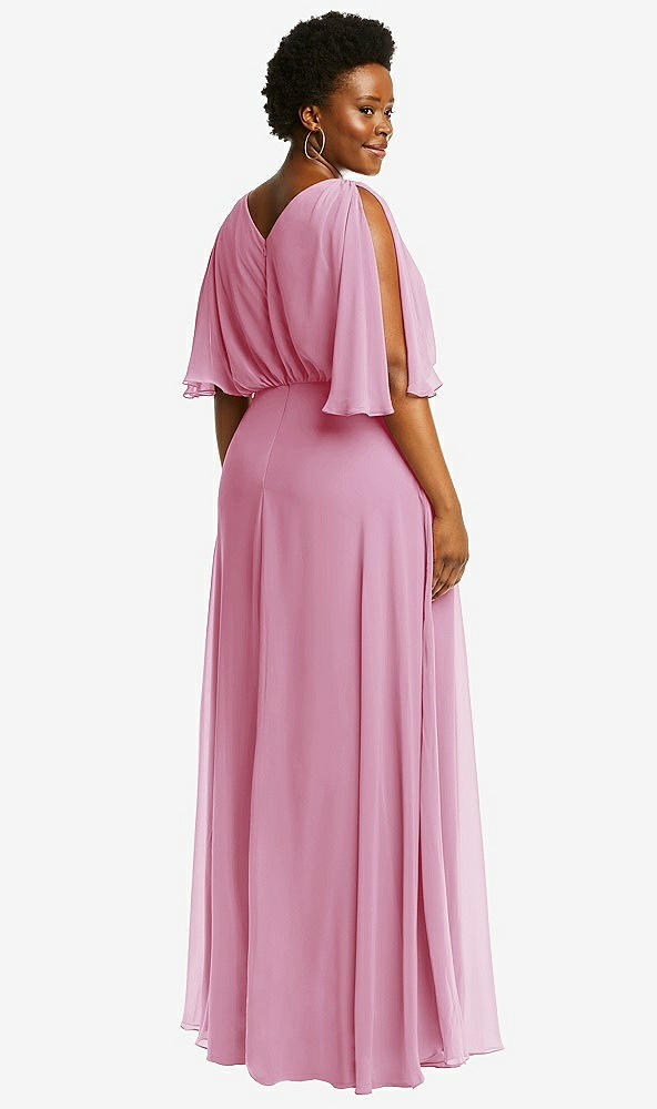Back View - Powder Pink V-Neck Split Sleeve Blouson Bodice Maxi Dress