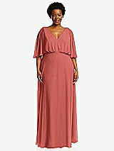 Front View Thumbnail - Coral Pink V-Neck Split Sleeve Blouson Bodice Maxi Dress