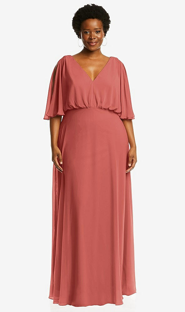 Front View - Coral Pink V-Neck Split Sleeve Blouson Bodice Maxi Dress