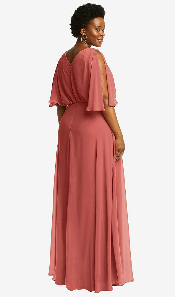 Back View - Coral Pink V-Neck Split Sleeve Blouson Bodice Maxi Dress