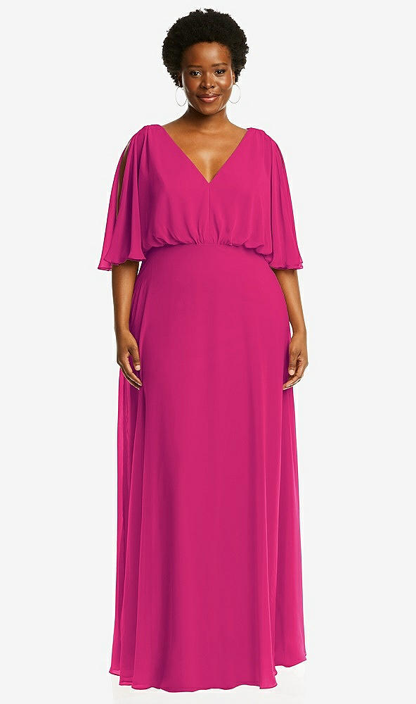 Front View - Think Pink V-Neck Split Sleeve Blouson Bodice Maxi Dress