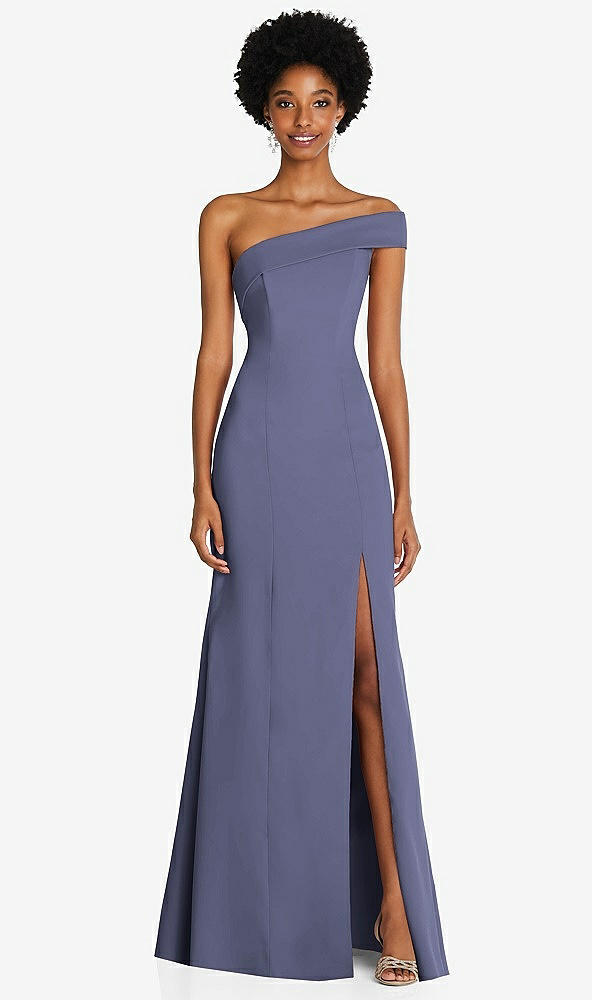 Front View - French Blue Asymmetrical Off-the-Shoulder Cuff Trumpet Gown With Front Slit
