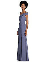 Side View Thumbnail - French Blue Asymmetrical Off-the-Shoulder Cuff Trumpet Gown With Front Slit