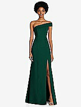 Front View Thumbnail - Hunter Green Asymmetrical Off-the-Shoulder Cuff Trumpet Gown With Front Slit