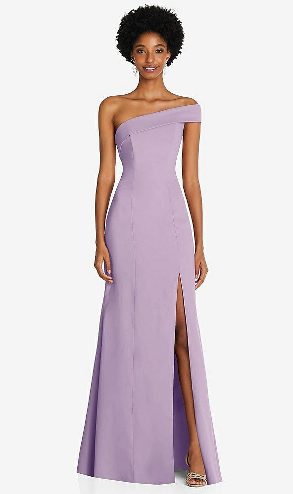Front View - Pale Purple Asymmetrical Off-the-Shoulder Cuff Trumpet Gown With Front Slit