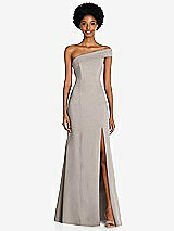 Front View Thumbnail - Taupe Asymmetrical Off-the-Shoulder Cuff Trumpet Gown With Front Slit