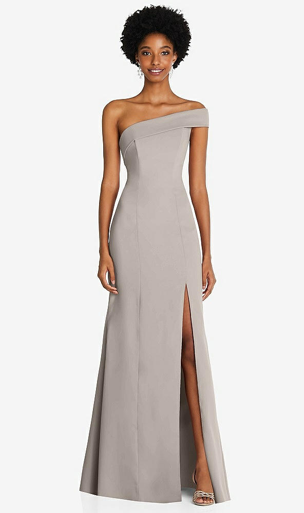 Front View - Taupe Asymmetrical Off-the-Shoulder Cuff Trumpet Gown With Front Slit