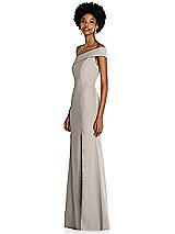 Side View Thumbnail - Taupe Asymmetrical Off-the-Shoulder Cuff Trumpet Gown With Front Slit