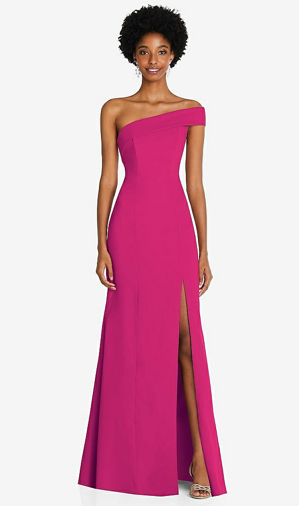 Front View - Think Pink Asymmetrical Off-the-Shoulder Cuff Trumpet Gown With Front Slit