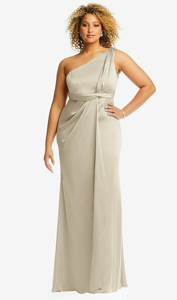 Front View - Champagne One-Shoulder Draped Twist Empire Waist Trumpet Gown