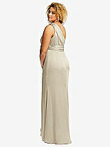 Rear View Thumbnail - Champagne One-Shoulder Draped Twist Empire Waist Trumpet Gown