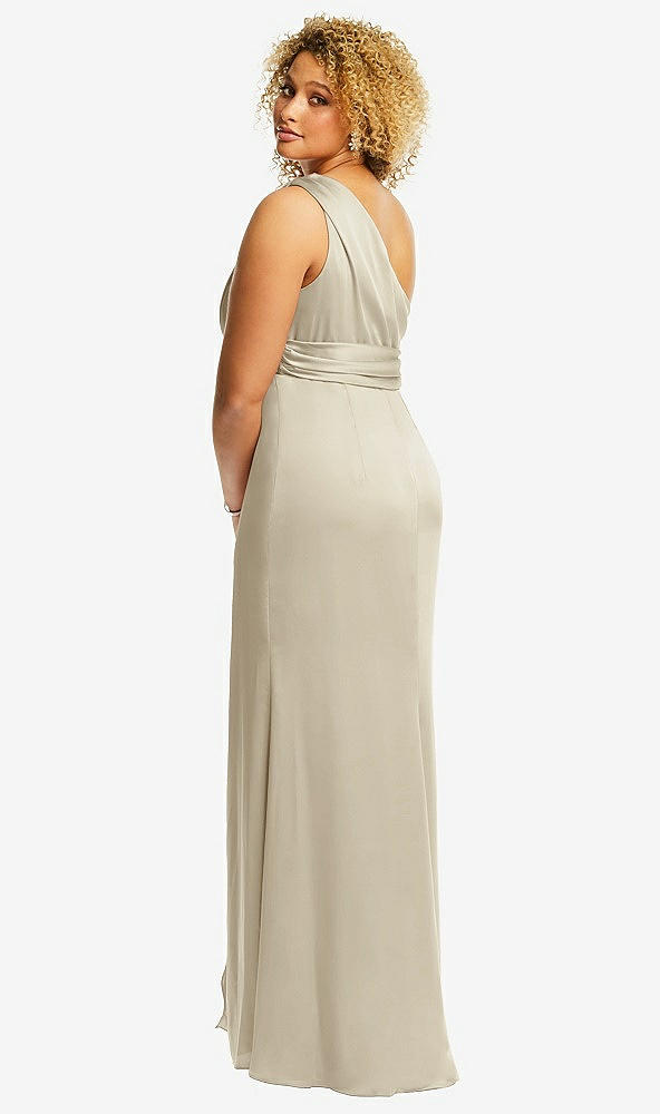 Back View - Champagne One-Shoulder Draped Twist Empire Waist Trumpet Gown