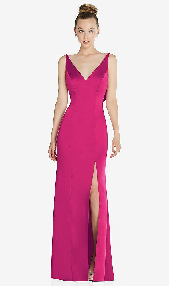 Back View - Think Pink Draped Cowl-Back Princess Line Dress with Front Slit