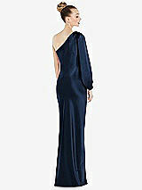 Rear View Thumbnail - Midnight Navy One-Shoulder Puff Sleeve Maxi Bias Dress with Side Slit