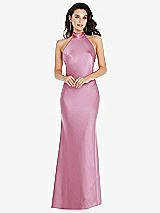 Front View Thumbnail - Powder Pink Scarf Tie High-Neck Halter Maxi Slip Dress