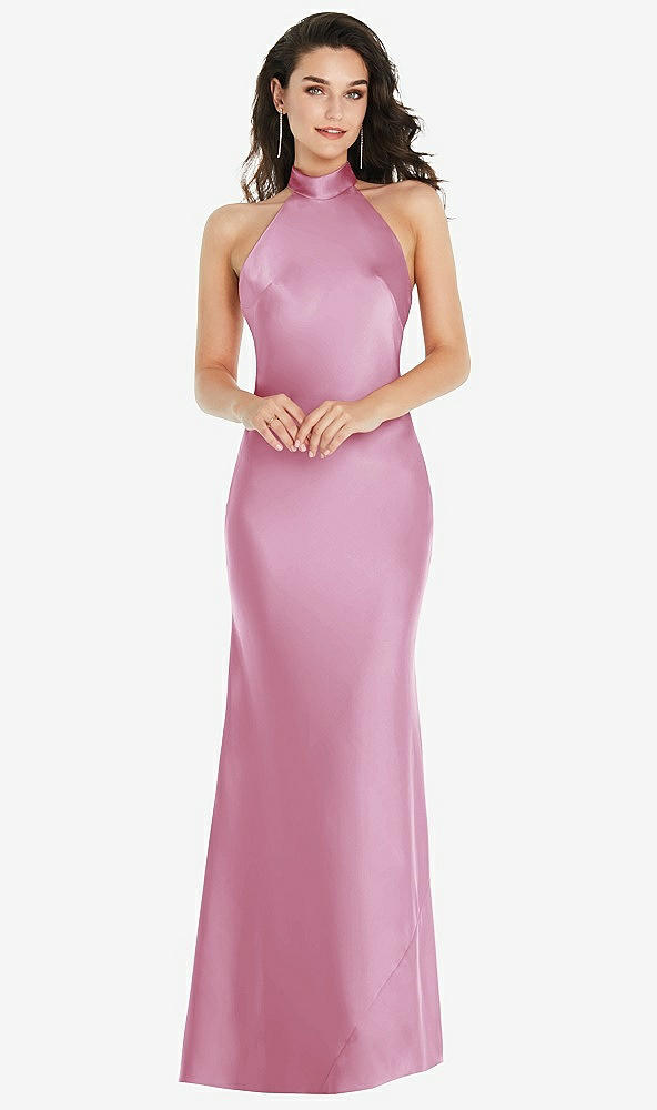 Front View - Powder Pink Scarf Tie High-Neck Halter Maxi Slip Dress