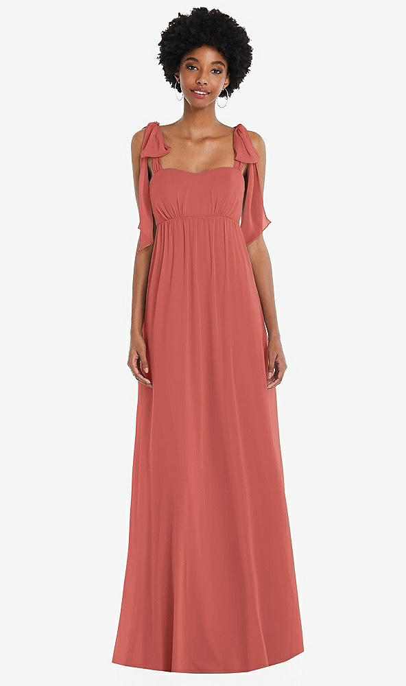 Front View - Coral Pink Convertible Tie-Shoulder Empire Waist Maxi Dress