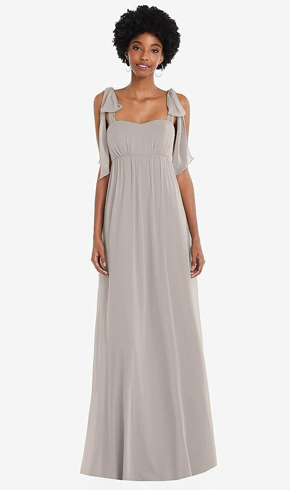Front View - Taupe Convertible Tie-Shoulder Empire Waist Maxi Dress