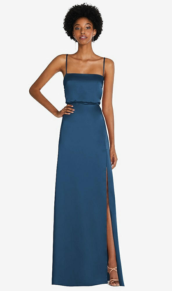Front View - Dusk Blue Low Tie-Back Maxi Dress with Adjustable Skinny Straps
