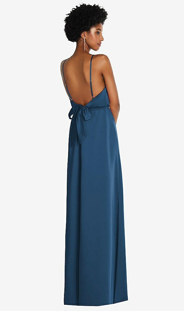 Back View - Dusk Blue Low Tie-Back Maxi Dress with Adjustable Skinny Straps