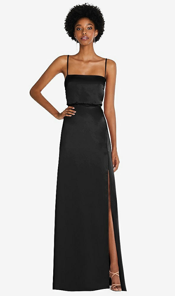 Front View - Black Low Tie-Back Maxi Dress with Adjustable Skinny Straps