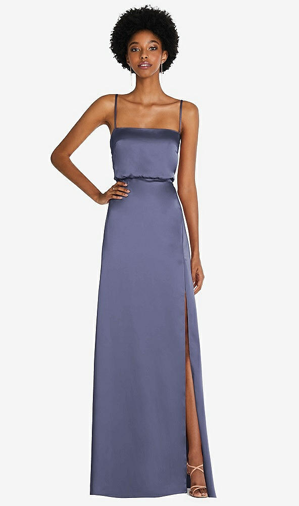 Front View - French Blue Low Tie-Back Maxi Dress with Adjustable Skinny Straps