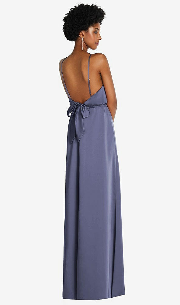 Back View - French Blue Low Tie-Back Maxi Dress with Adjustable Skinny Straps