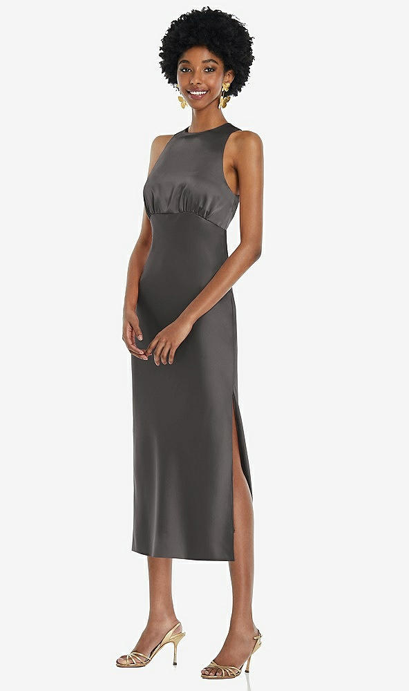 Front View - Caviar Gray Jewel Neck Sleeveless Midi Dress with Bias Skirt