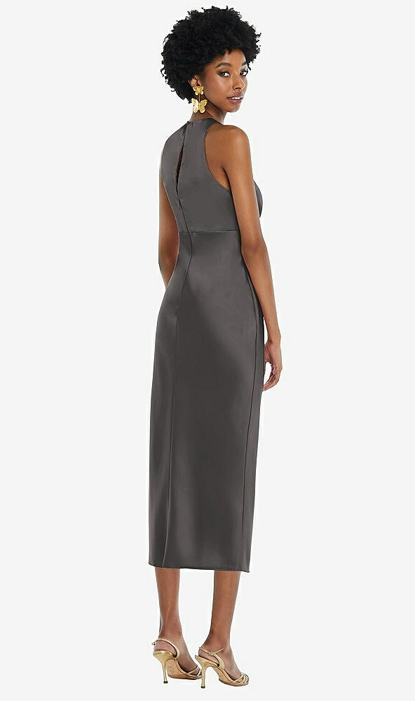 Back View - Caviar Gray Jewel Neck Sleeveless Midi Dress with Bias Skirt