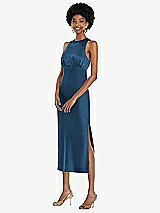 Front View Thumbnail - Dusk Blue Jewel Neck Sleeveless Midi Dress with Bias Skirt