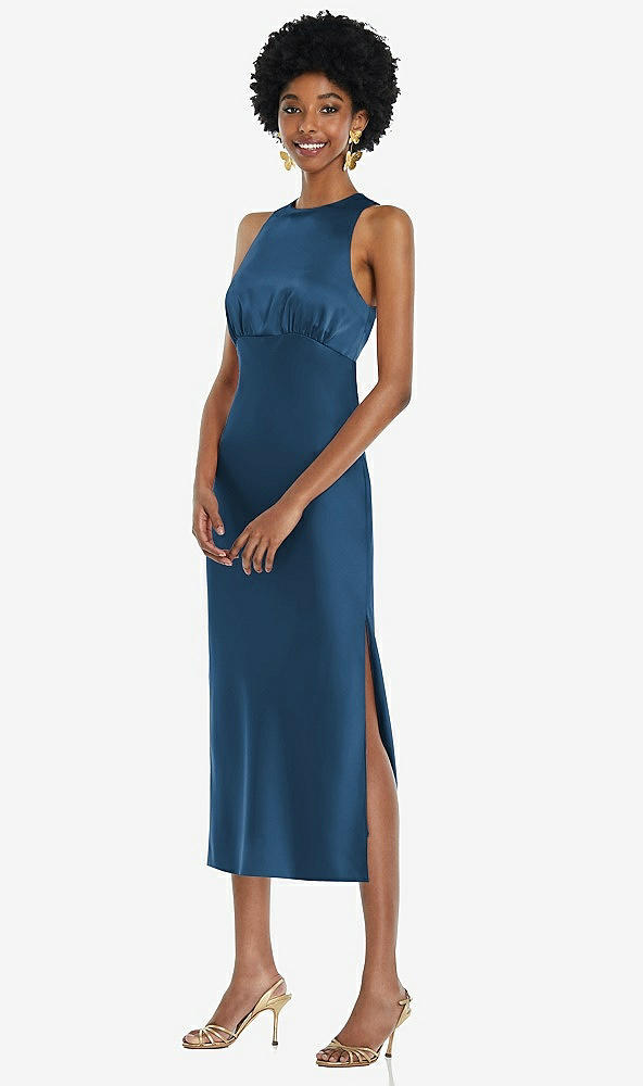 Front View - Dusk Blue Jewel Neck Sleeveless Midi Dress with Bias Skirt