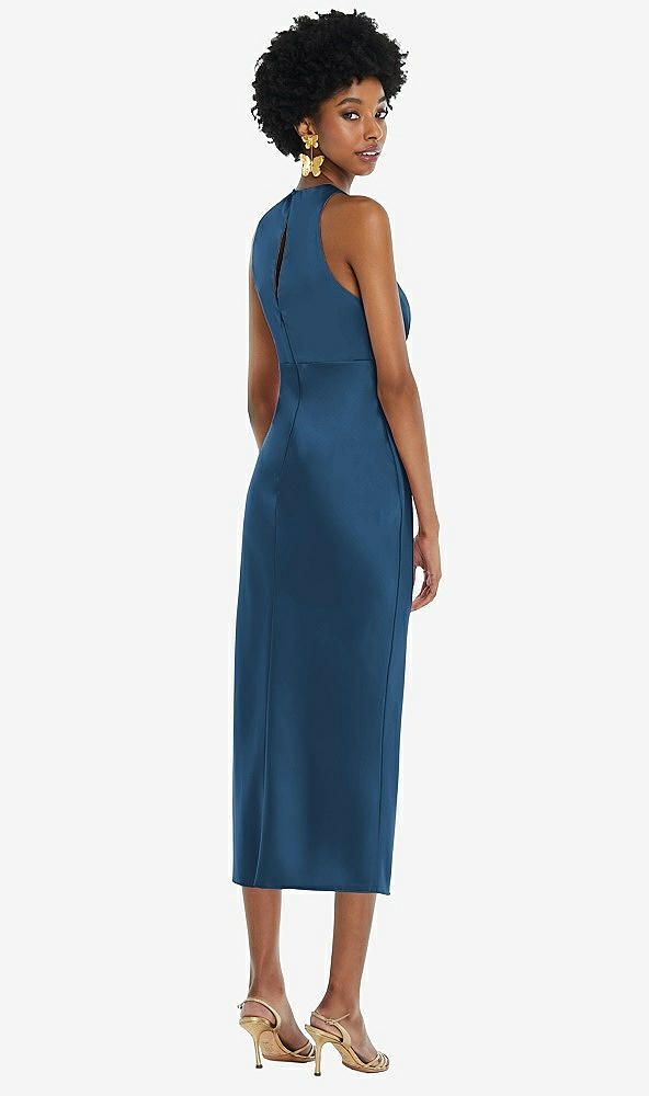 Back View - Dusk Blue Jewel Neck Sleeveless Midi Dress with Bias Skirt