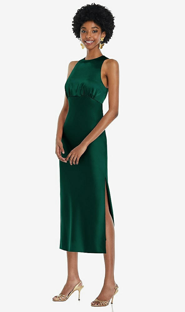 Front View - Hunter Green Jewel Neck Sleeveless Midi Dress with Bias Skirt