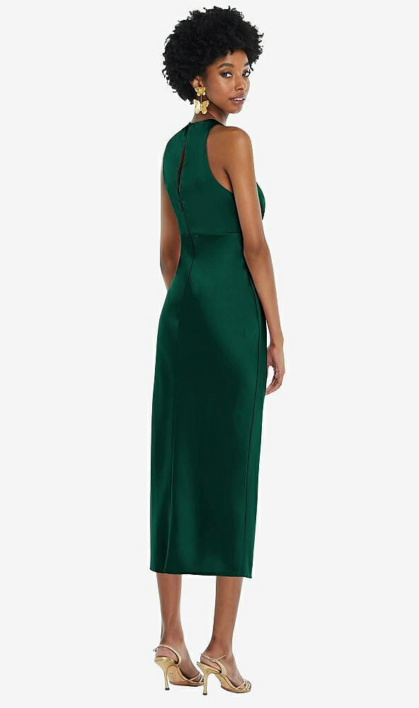 Back View - Hunter Green Jewel Neck Sleeveless Midi Dress with Bias Skirt