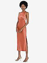 Front View Thumbnail - Terracotta Copper Jewel Neck Sleeveless Midi Dress with Bias Skirt