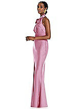 Side View Thumbnail - Powder Pink Scarf Tie Stand Collar Maxi Dress with Front Slit