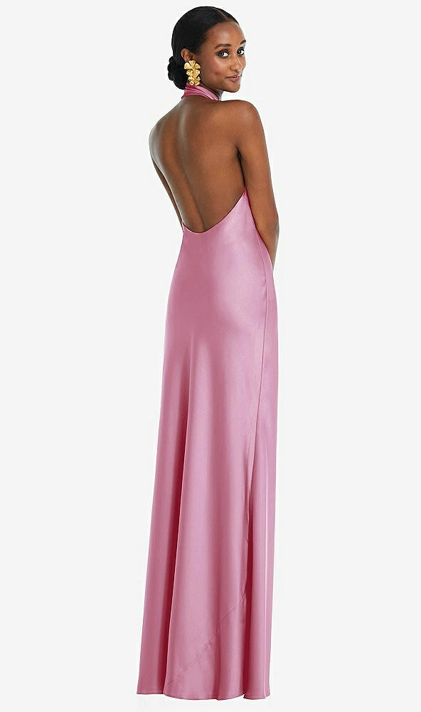 Back View - Powder Pink Scarf Tie Stand Collar Maxi Dress with Front Slit