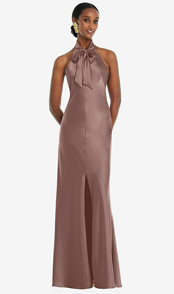Front View - Sienna Scarf Tie Stand Collar Maxi Dress with Front Slit