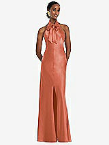 Front View Thumbnail - Terracotta Copper Scarf Tie Stand Collar Maxi Dress with Front Slit